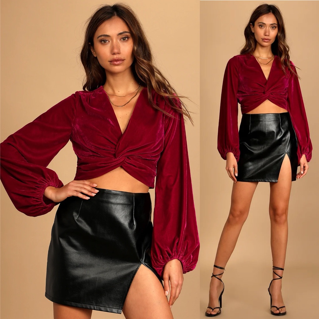 Spreading Cheer Magenta Velvet Knot-Front Long Sleeve Crop Top
